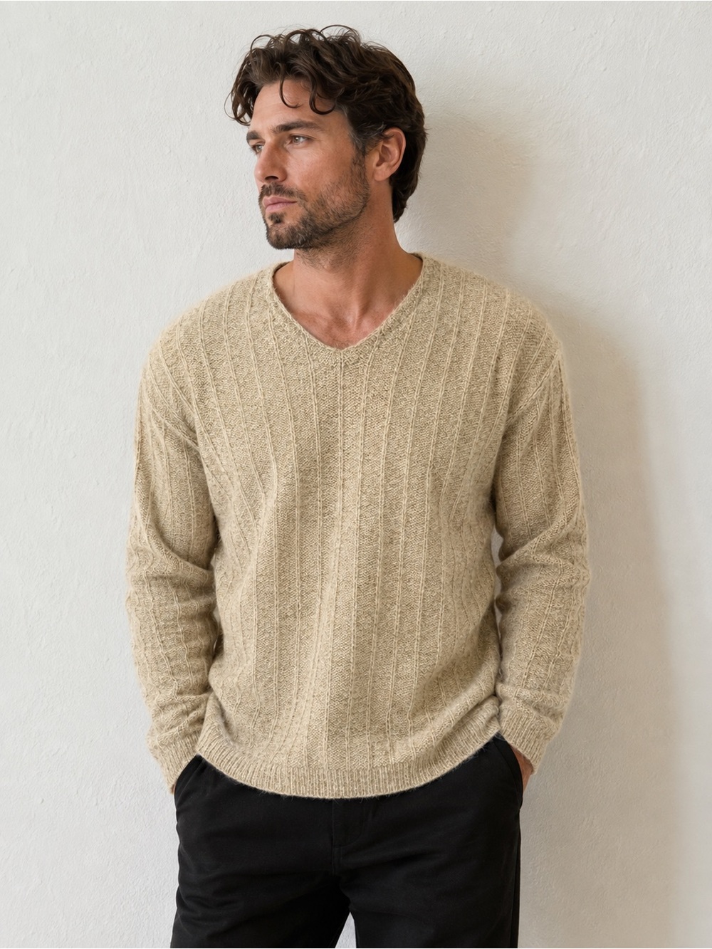 Lands' End made in USA wool Men's V-Neck Sweater in Beige Heather L